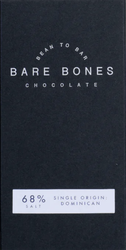 Front packaging of Bare Bones 68% Dominican Republic Salted Dark Chocolate with simple text on dark grey background